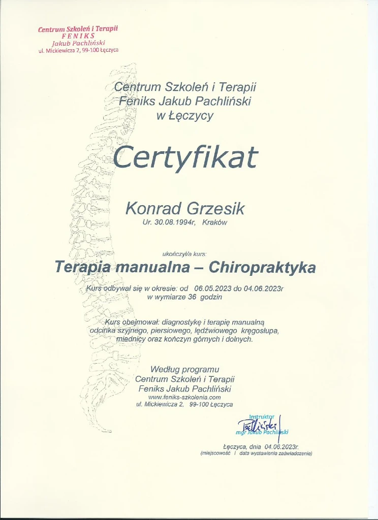 Trener personalny Konrad Grzesik z Krakowa posiada certyfikat z chiropraktyki.