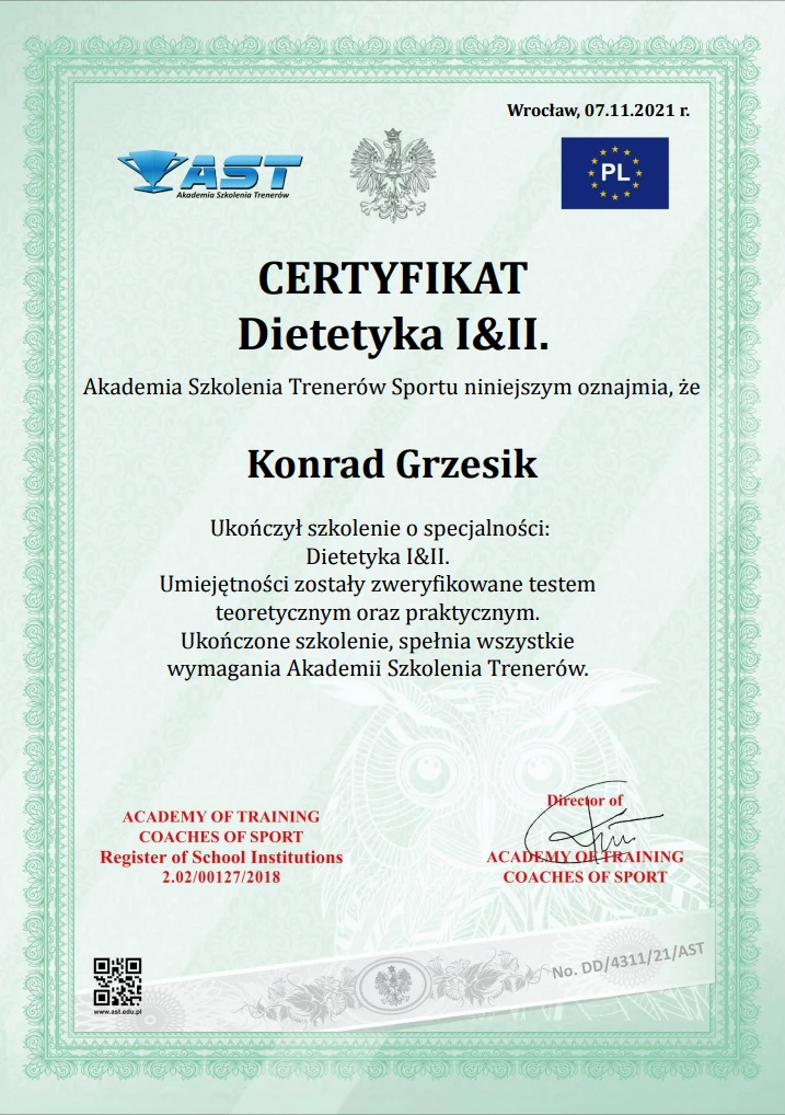 Trener personalny Konrad Grzesik z Krakowa posiada certyfikat z dietetyki. Trener personalny Konrad Grzesik z Krakowa posiada certyfikat z dietetyki.